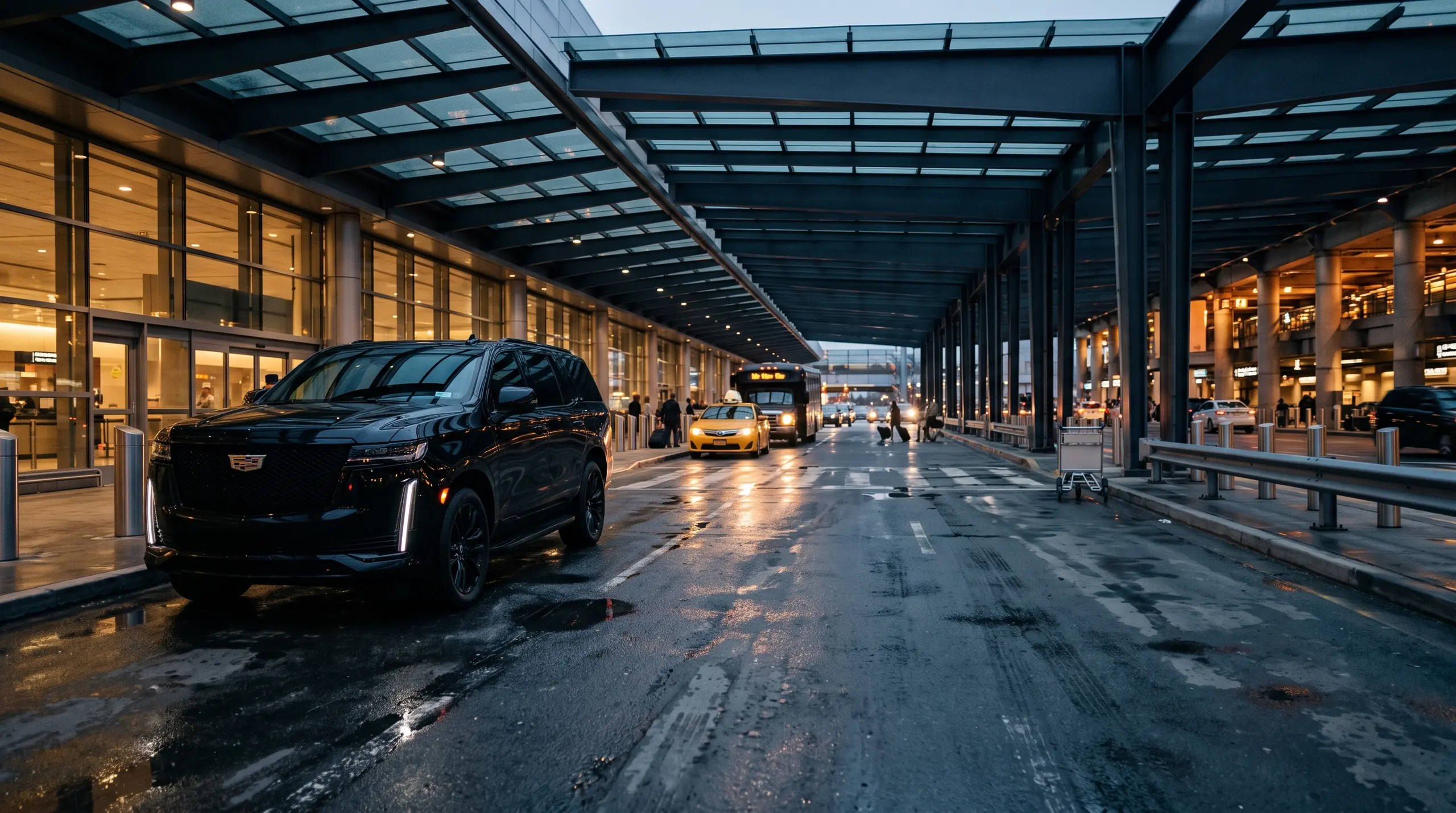 Black chauffeured SUV waiting at an airport terminal arrivals curb at dusk