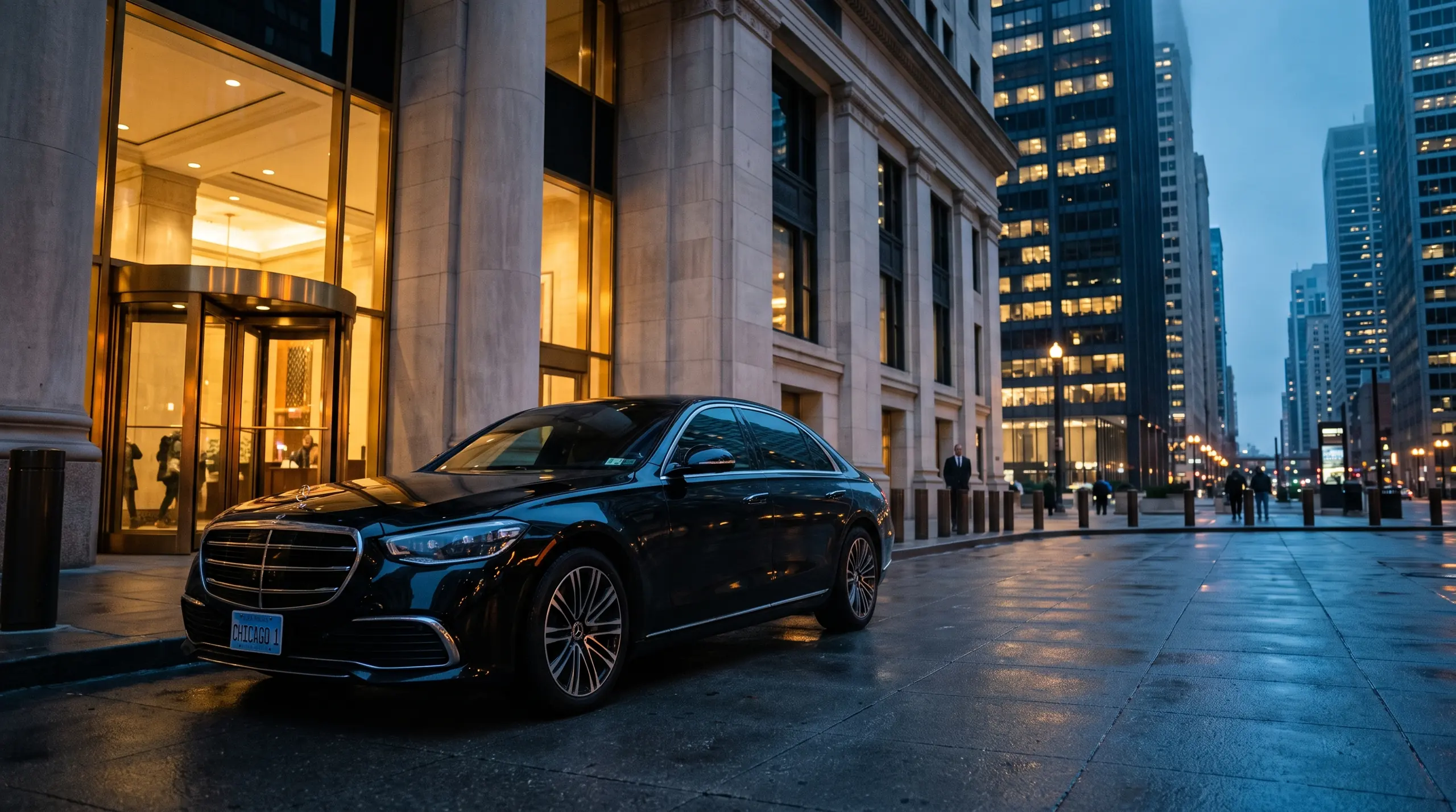 Black chauffeured sedan waiting outside a Chicago office tower at dusk