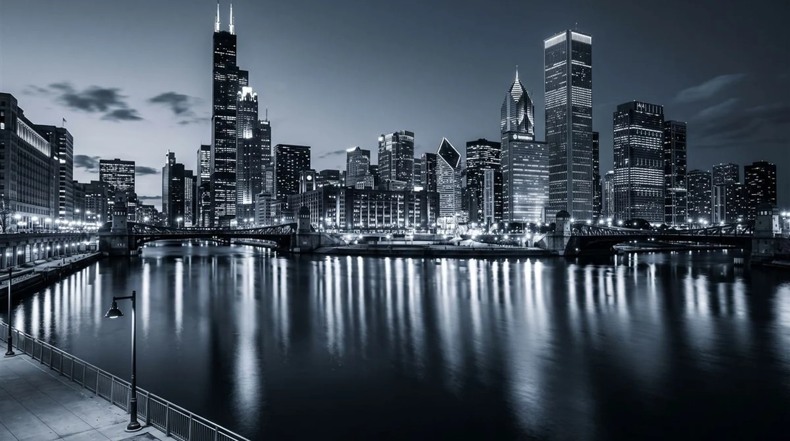 The Chicago skyline at night across the river