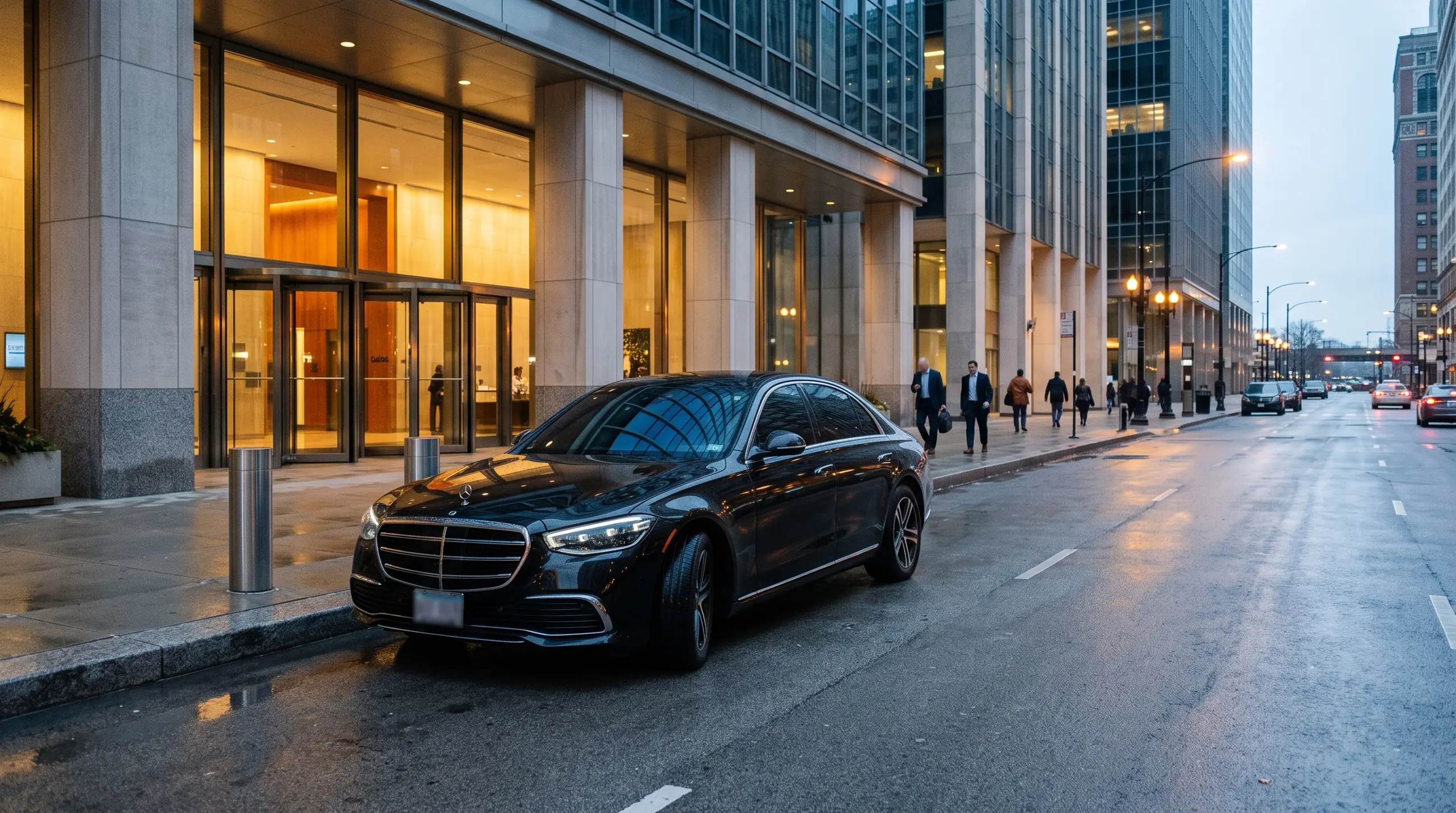 Black chauffeured sedan waiting outside a Chicago office tower at first light