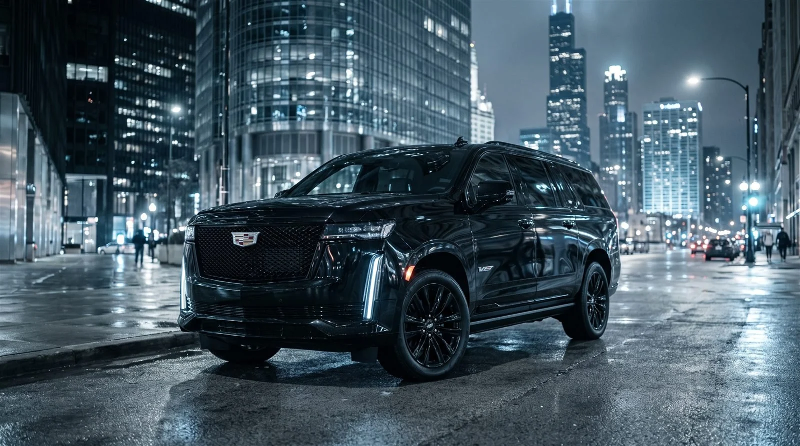 Black chauffeured SUV on a Chicago street at night with the skyline behind