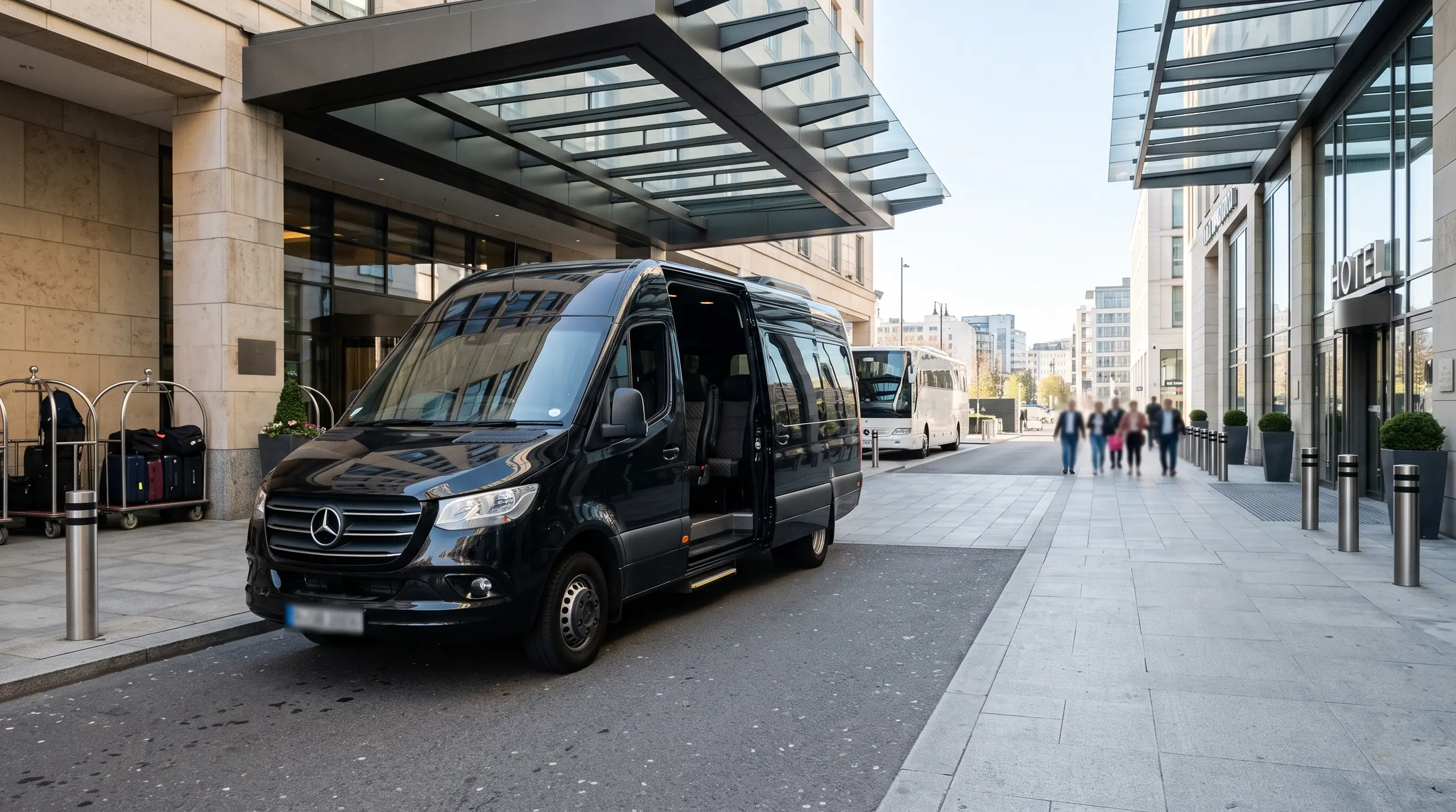 Black chauffeured Sprinter van waiting at a hotel entrance in the morning