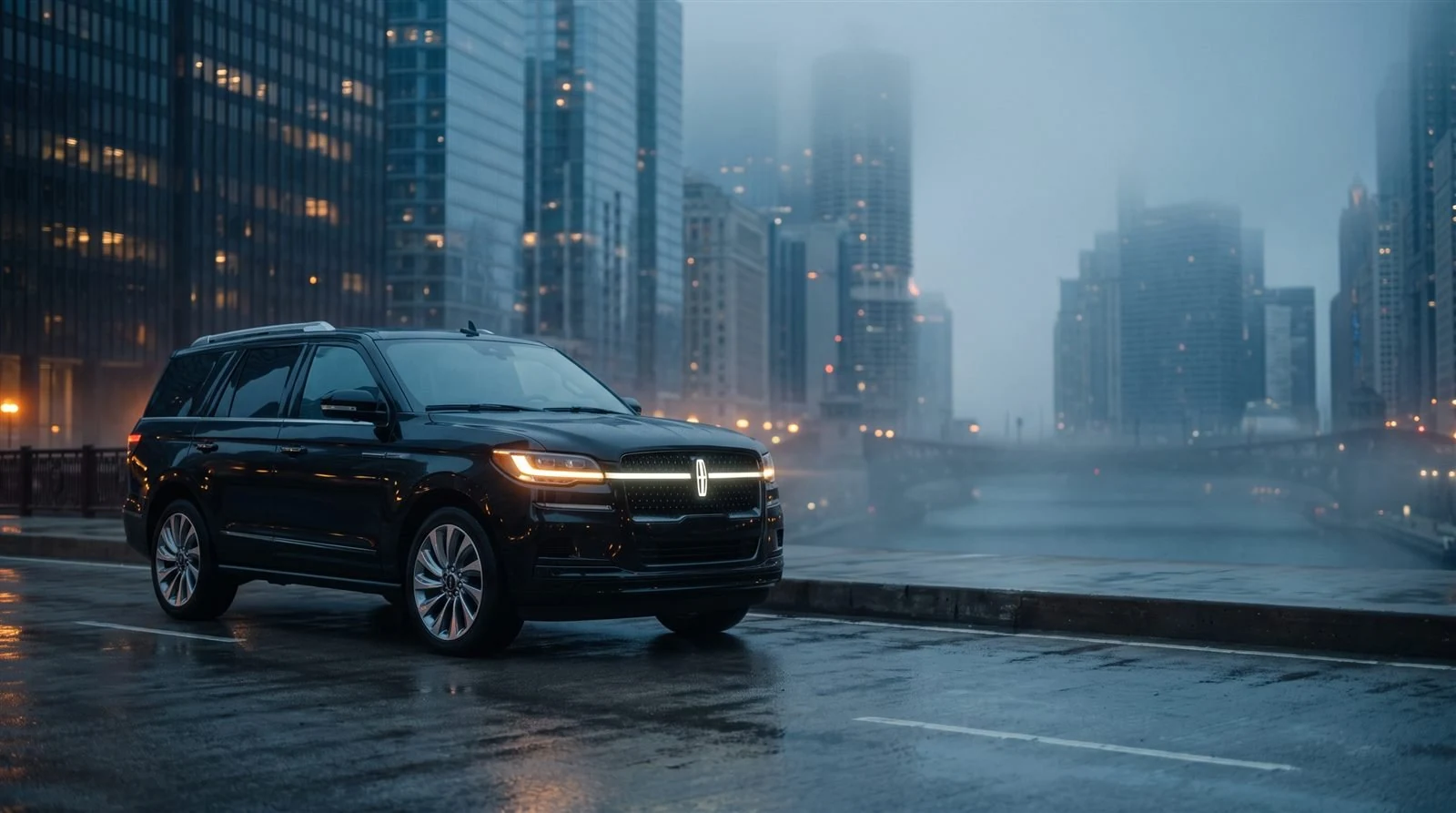 Black chauffeured SUV on a Chicago bridge at dusk